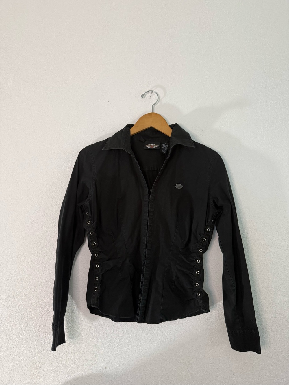 Harley Davidson Y2K Goth Peplum Collared Black Biker Blouse Shirt Large